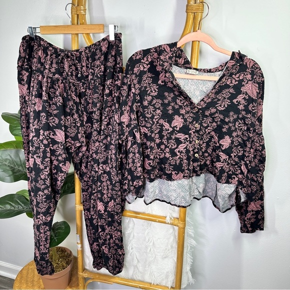 Free People Intimates Black and Purple Pajama Set sz L - Picture 1 of 7